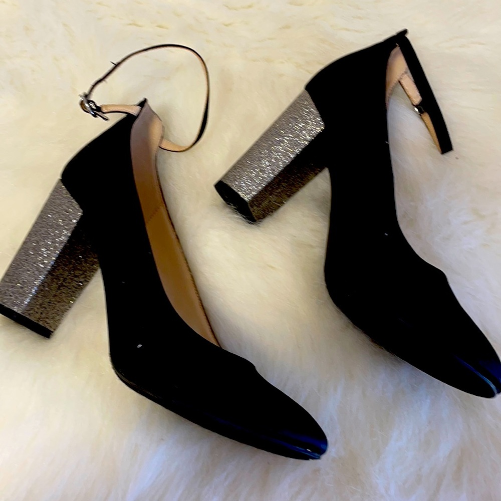 Black satin with shiny silver 3 inch heels
